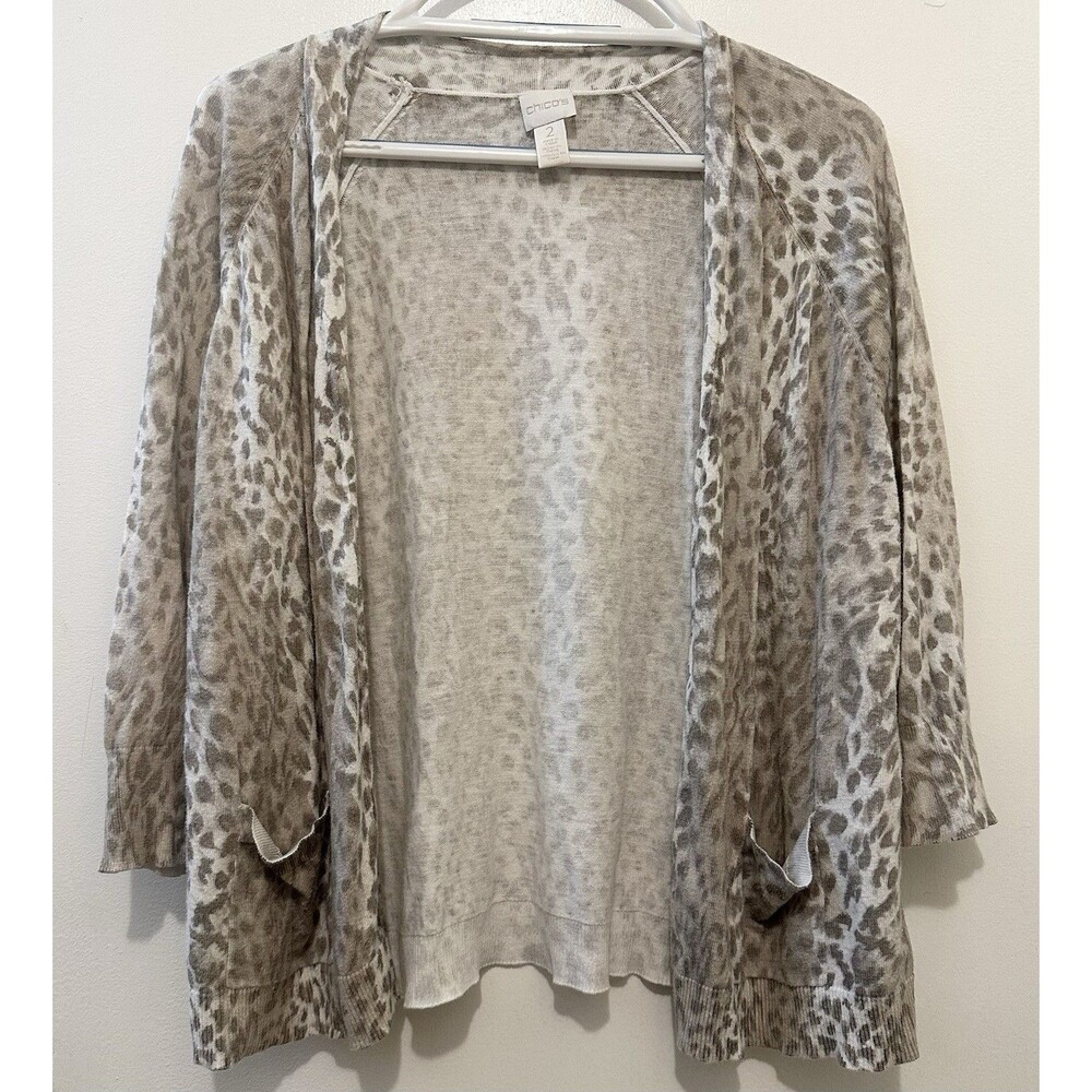 CHICOS BEIGE ANIMAL PRINT OPEN CARDIGAN SIZE 2 Large